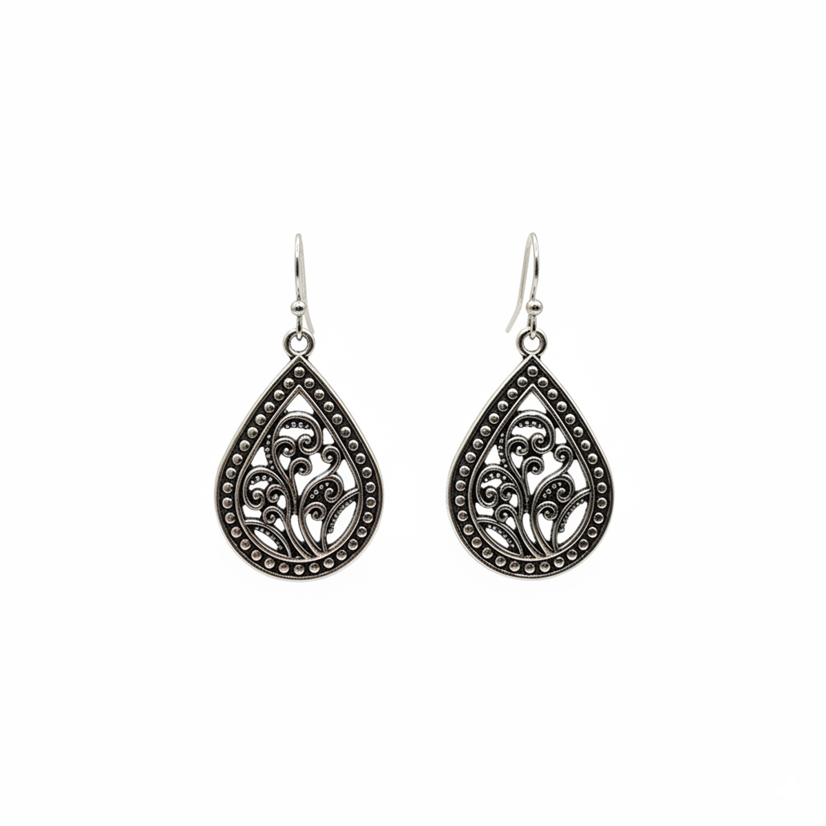 Aros lágrima ornamental en plata antigüa